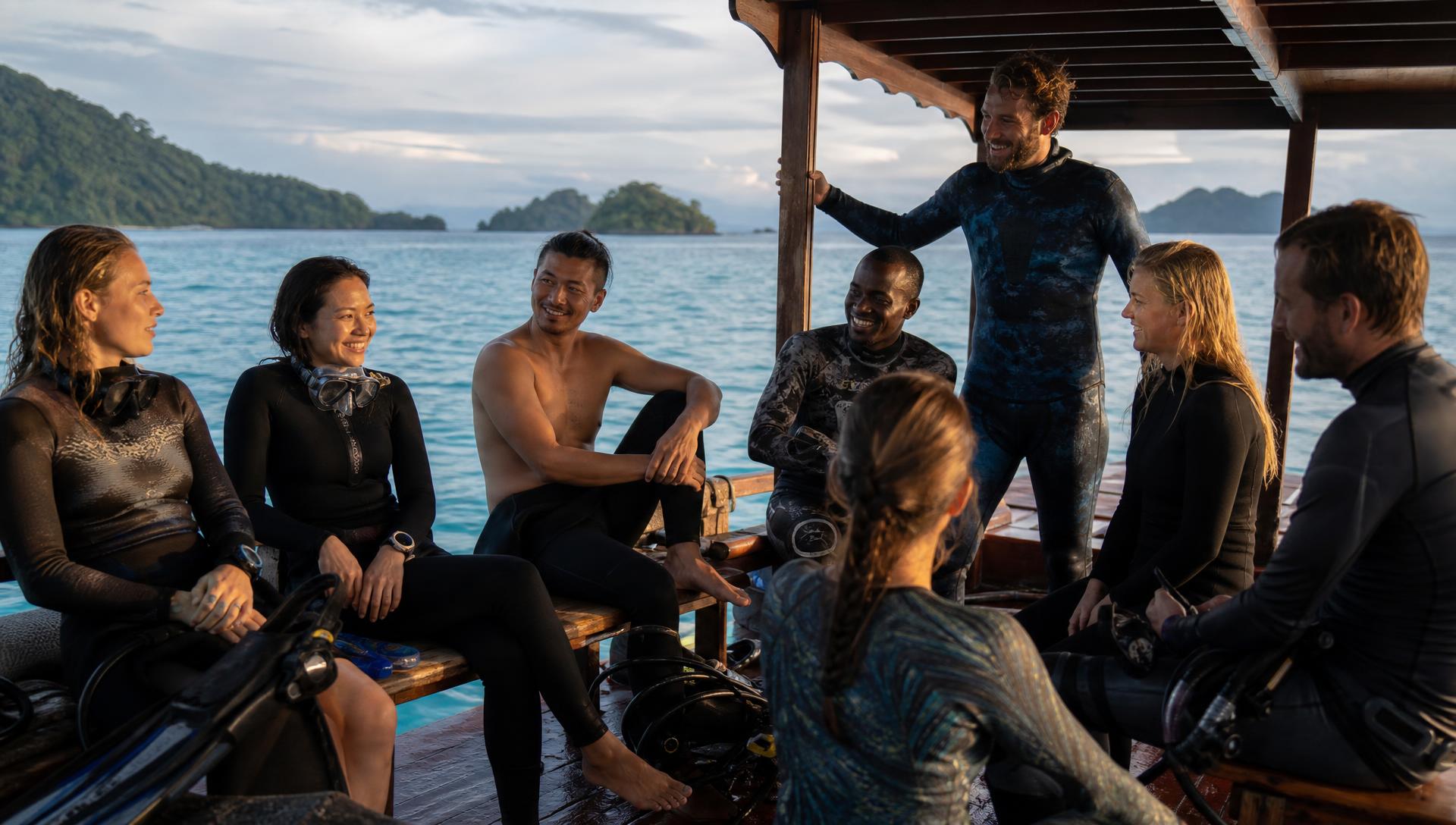Freediving community gathered on a boat deck