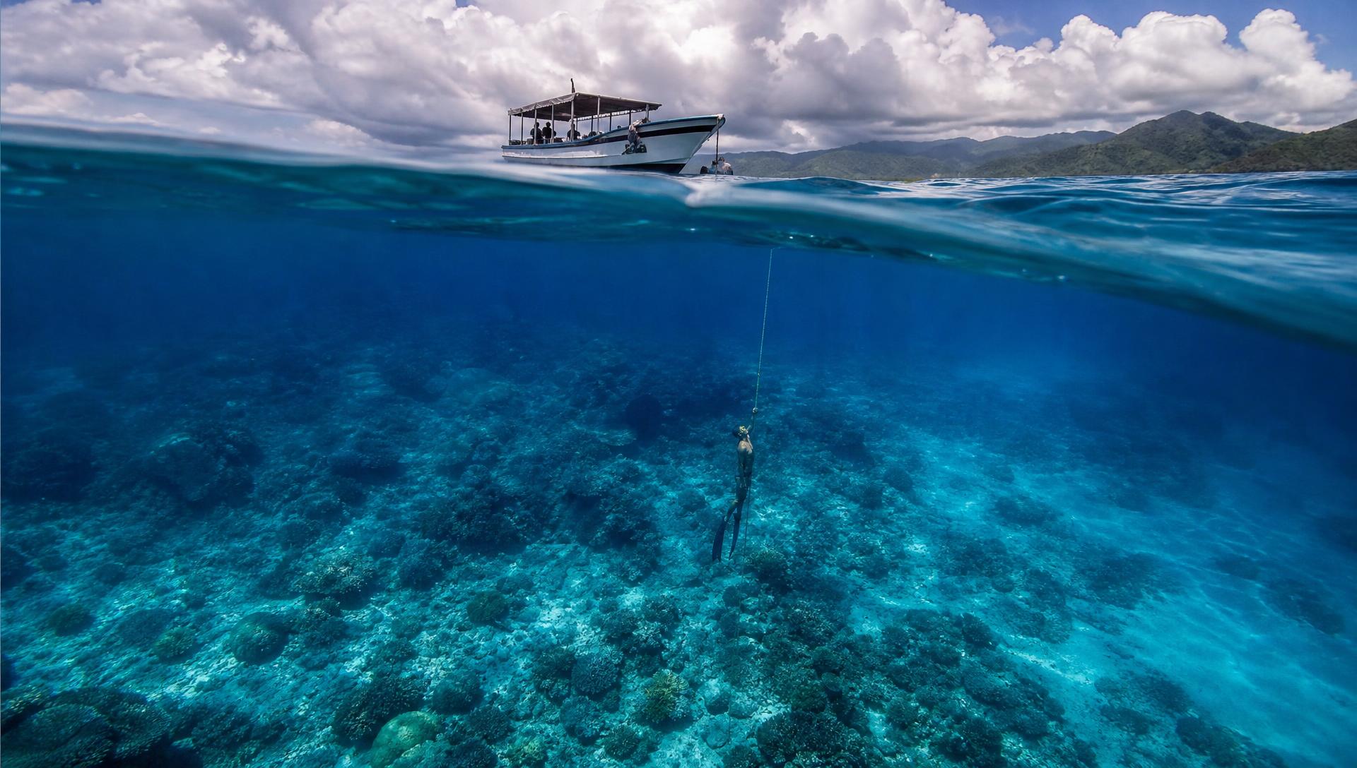Freediving line hanging in crystal clear tropical water