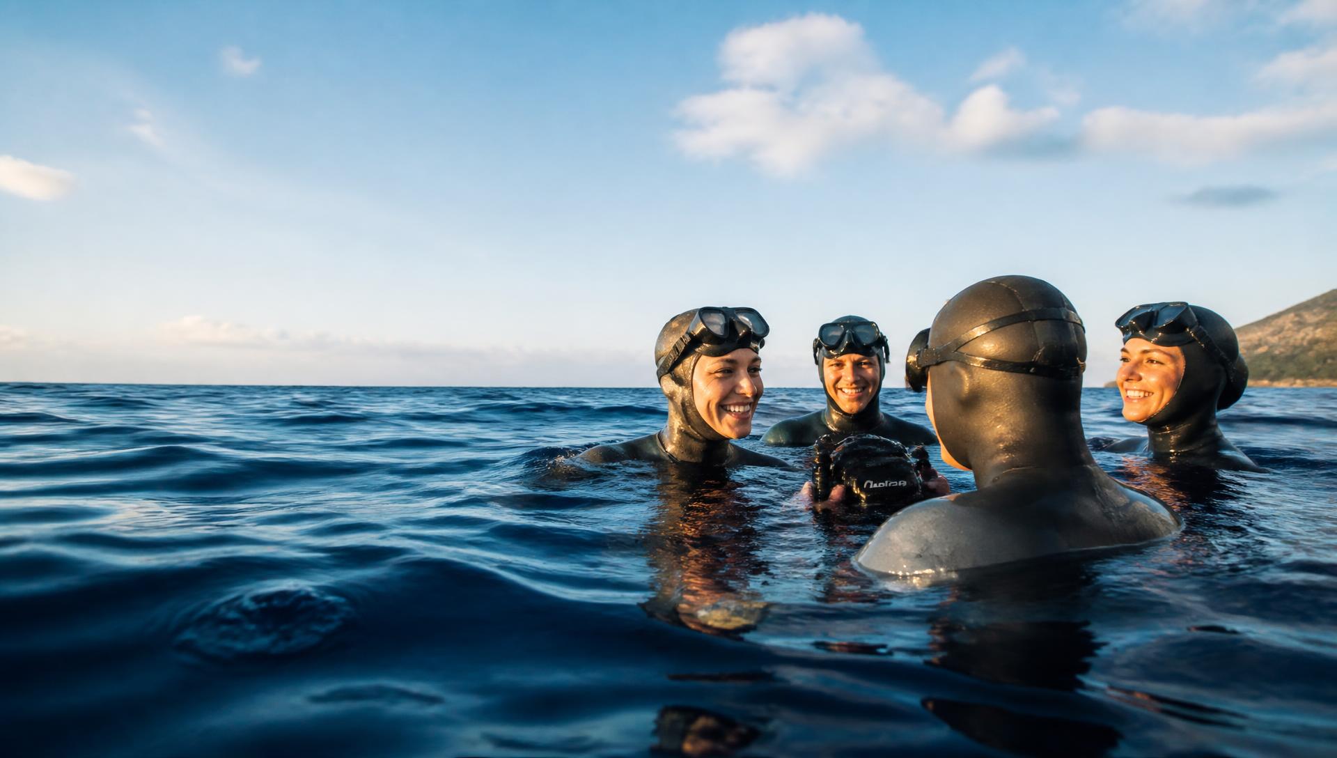 Freedivers surfacing together in open blue water